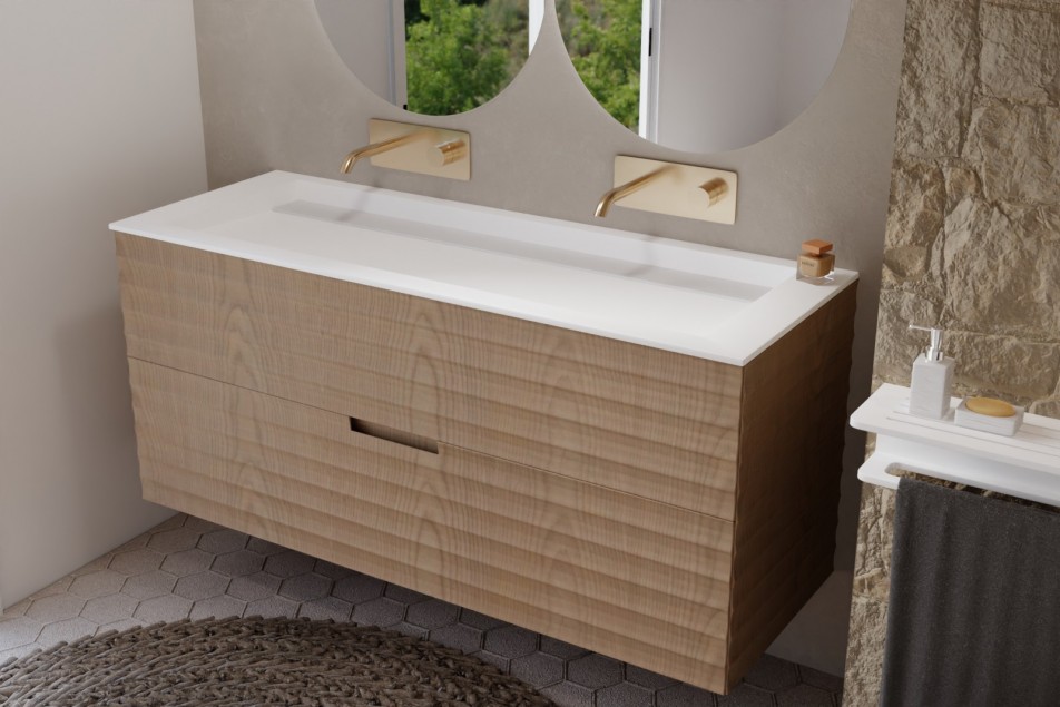 HORN 2-drawer vanity unit in solid oak, length 1200 mm - side view