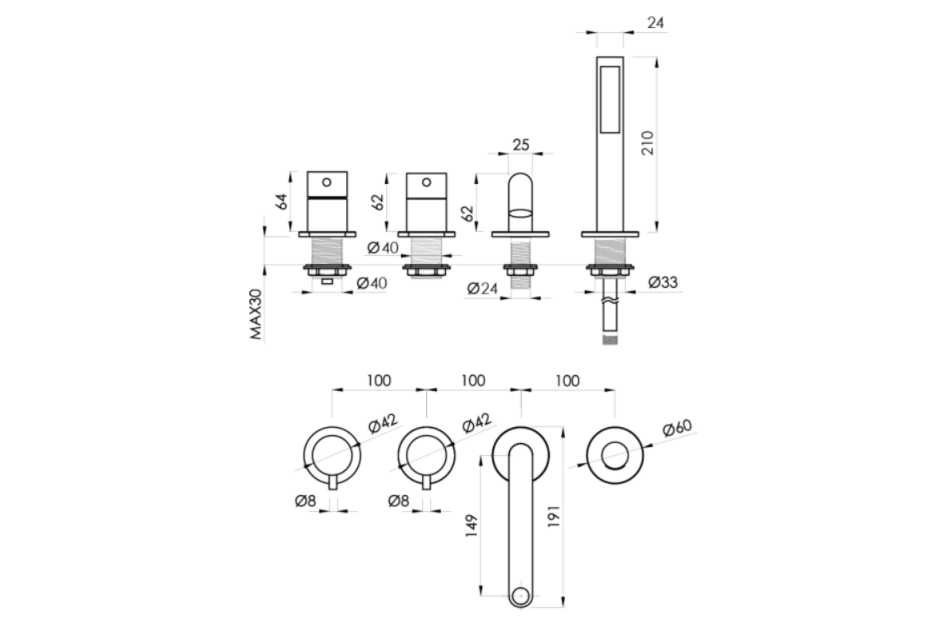 Mitigeur or brossé au bord LOOP pour baignoire Sanycces vue technique