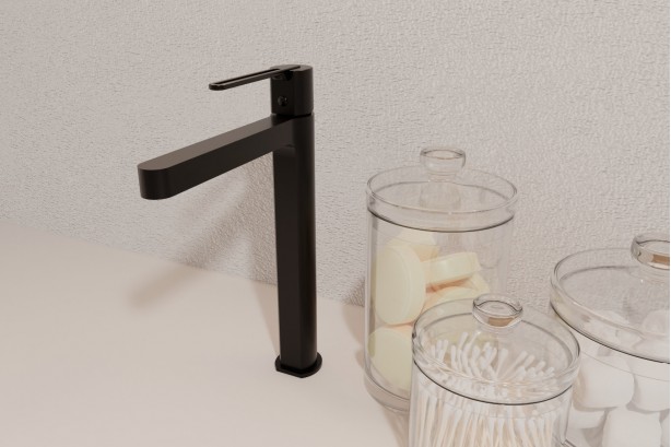 Hanaé wall-mounted single lever basin mixer in matt black - front view