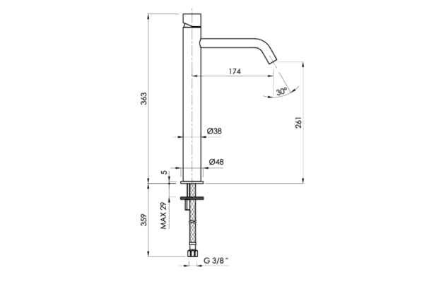 Mitigeur haut design LOOP K Or Brossé Sanycces vue technique