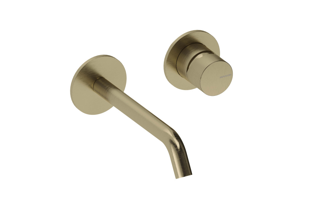 Brushed Gold LOOP K single-lever tap on wall-mounted plate by Sanycces
