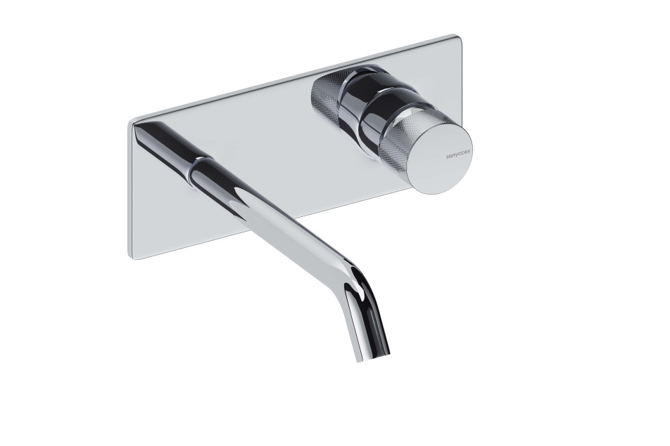 Chrome LOOP K single-lever tap on wall-mounted plate by Sanycces side view